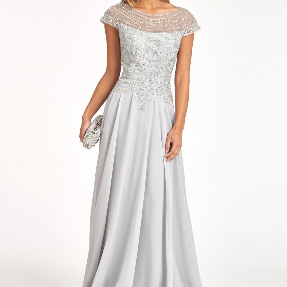 SILVER EVENING Beads Embellished Chiffon A-line Dress w/ Cap Sleeves GL3065